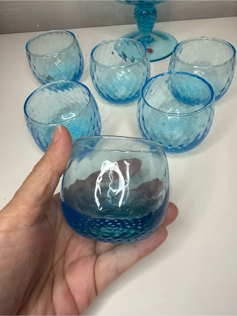 Vintage Italian Empoli Aqua Blue Glass Brandy Snifter Set 6 Cups MCM